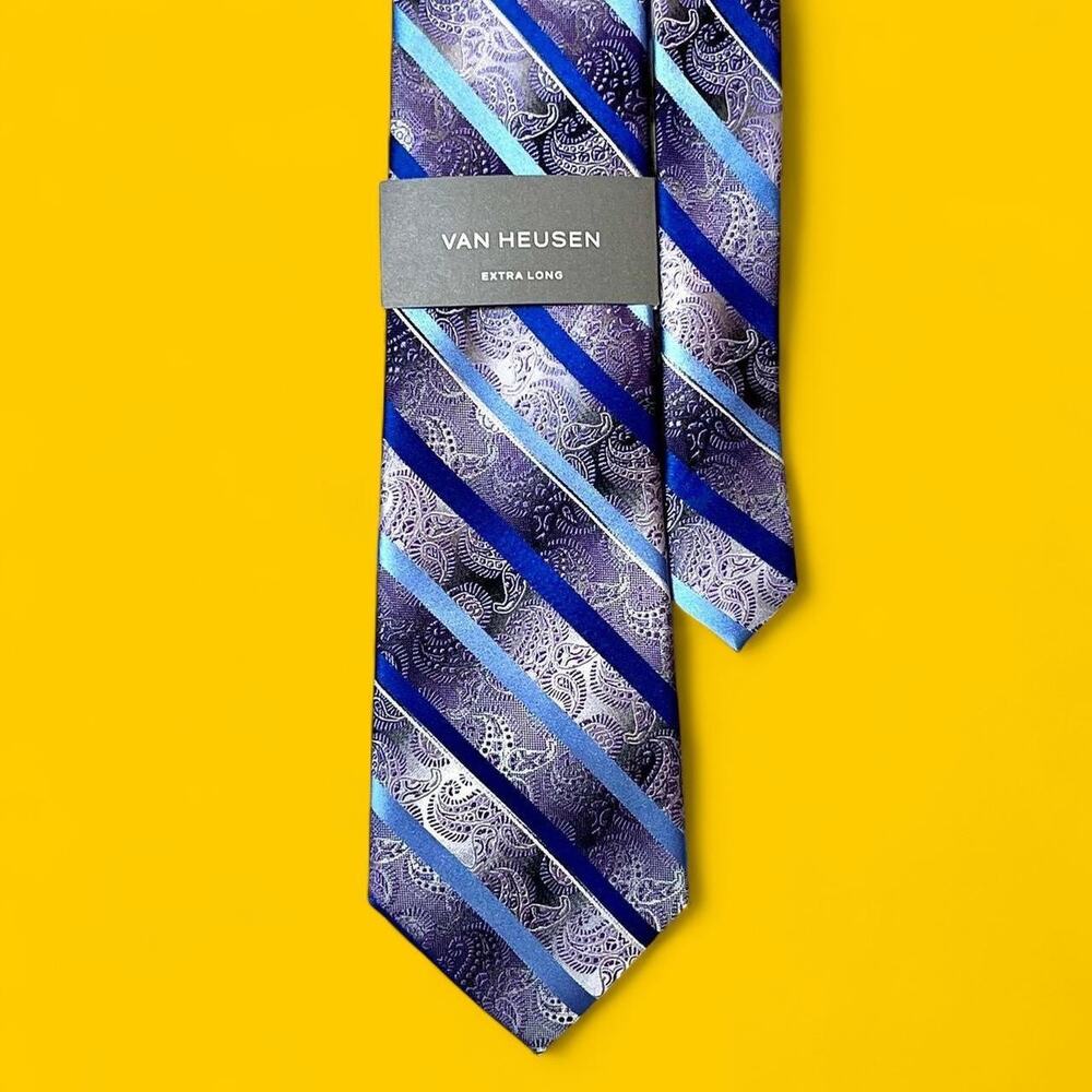 Van Heusen Extra Long Purple & Blue Paisley Stripe Silk Tie – 100% Silk